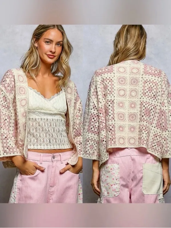 NEW POL Pink Open Front Boho Granny Square Cardigan One Size - Image 5