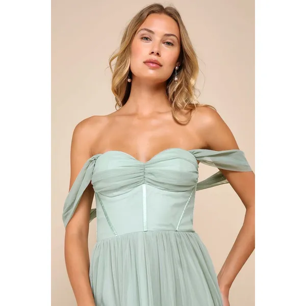 NWT Lulus Stunning Personality Sage Green Mesh Off-the-Shoulder Maxi Dress Sz XS - Image 10