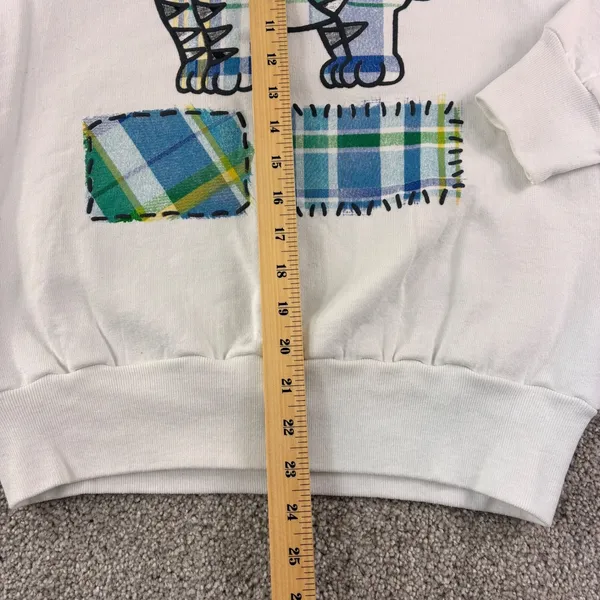 Vintage Fruit of the Loom Plaid Cat Sweatshirt S White Crewneck Applique USA 90s - Image 3