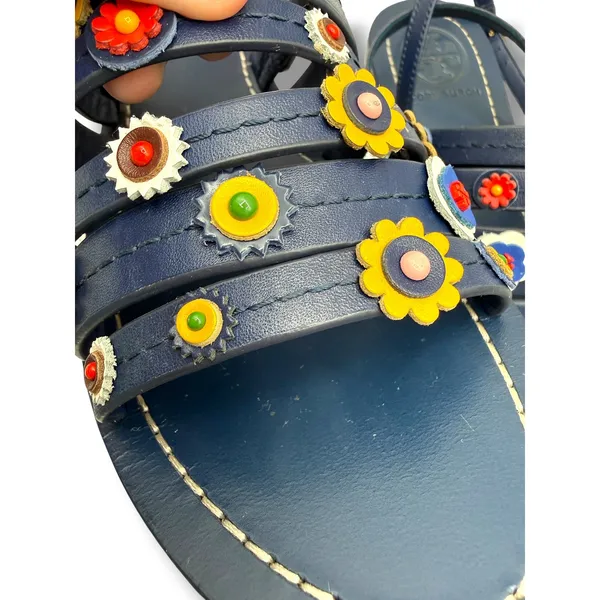 Tory Burch Marguerite Sandals 8 Navy Leather Floral Summer Casual‎ Boho - Image 11