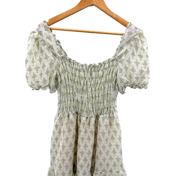 MINE Smocked Puff Sleeve Mini Dress Green‎ White Floral M Milkmaid Cottage Girly - Image 2