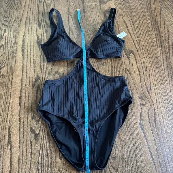 Aerie Womens Black Ribbed Cut Out Ring One Piece Monokini Swim Suit Size Large - Image 9