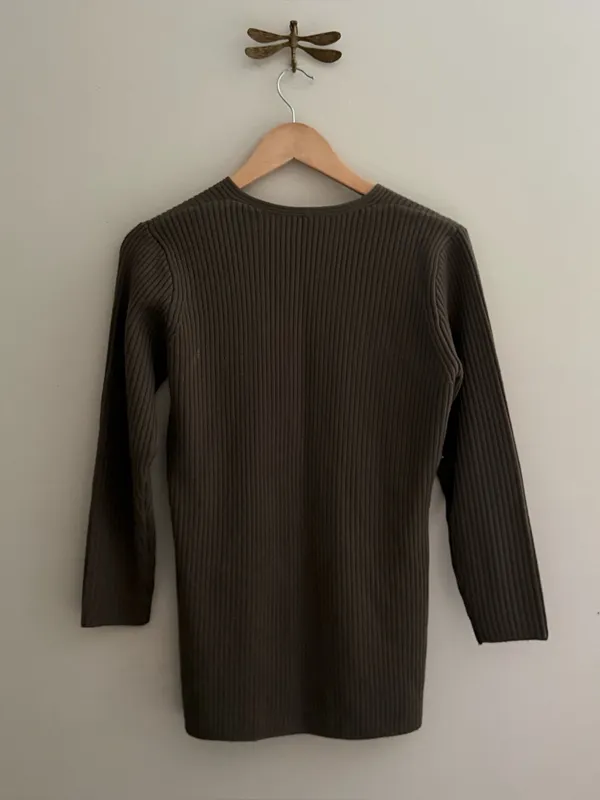 100% Wool Brown Long Ribbed Vintage Cardigan Knit Sweater Small - Image 5