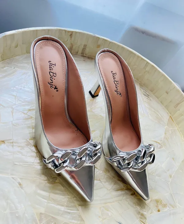 JiaBinji Heeled Mules Chain Embellished Pointed Toe Stiletto Mules for Women Slip on Backless Party Bridal Shoes Silver Size 5.5 - Image 3