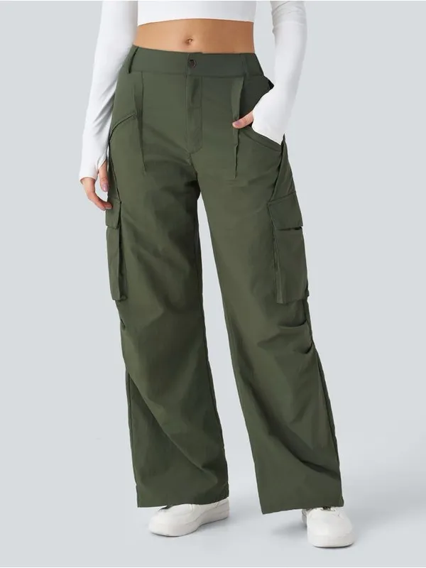 Halara 01HAL.- Mid Rise Button Zipper Side Pocket Wide Leg Baggy Casual Cargo Pants. - Image 3
