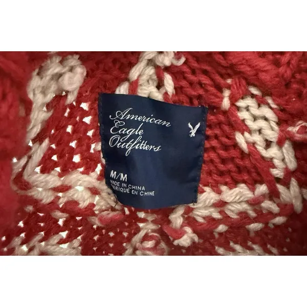 American Eagle Y2K Cardigan Womens Size M Red Snowflake Fair Isle Chunky Knit - Image 6