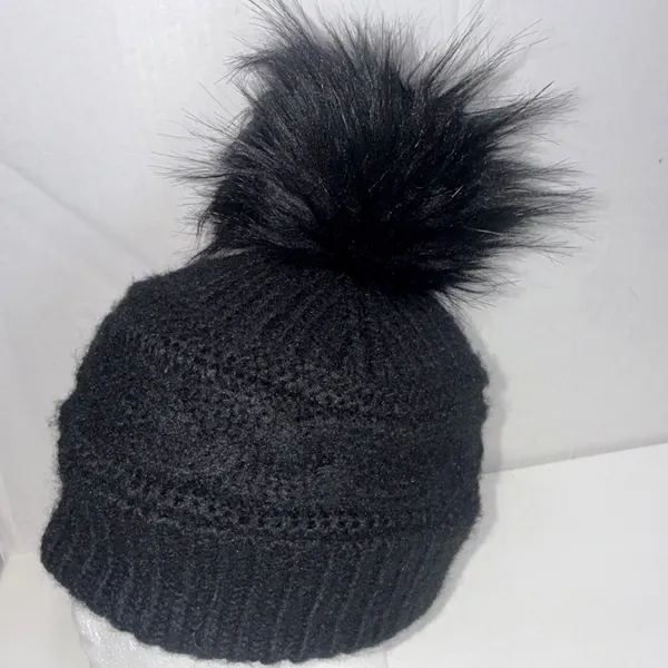 Aerie Black Knit Toboggan Ski Winter Weather One Size Hat Cap Pompom‎ Beanie - Image 3