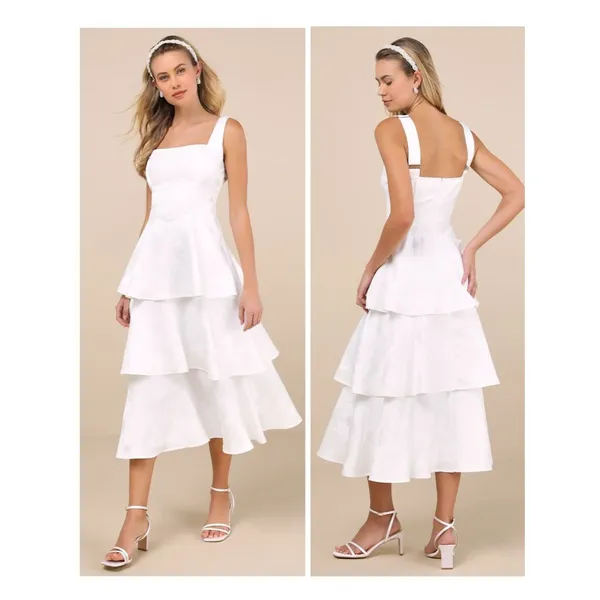 Lulus Elinore White Jacquard Tiered Midi Dress Size XL Feminine Bride Sleeveless - Image 2