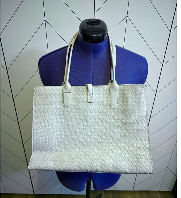 Light Gray Basket Weave Faux Leather Tote Purse Carry on Travel Everyday Basic - Image 2