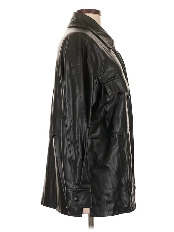 MANGO MNG Black Faux Leather Oversized Shacket Button Up Jacket Size L - Image 3