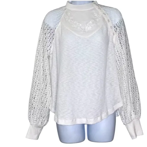 ✨Free People Sweetest Thing Thermal/Lace White Long Sleeve Sz Small Top✨ - Image 5