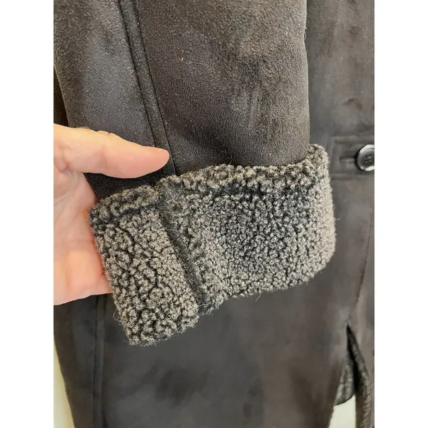 Lands' End Faux Suede Shearling Coat Jacket Longline Women's Size M 10-12‎ Black - Image 4