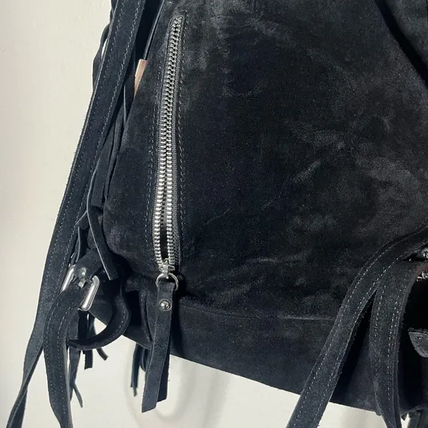 D2 DSQUARED Black Suede Fringe Backpack Western Boho Relaxed Low Hanging - Image 7