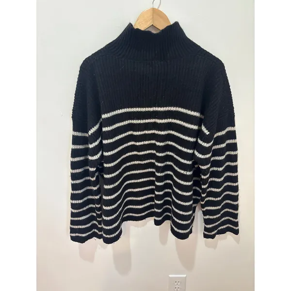 AllSaints Black White Striped Wool‎ Cashmere Mock Neck Sweater Large Ribbed Knit - Image 4