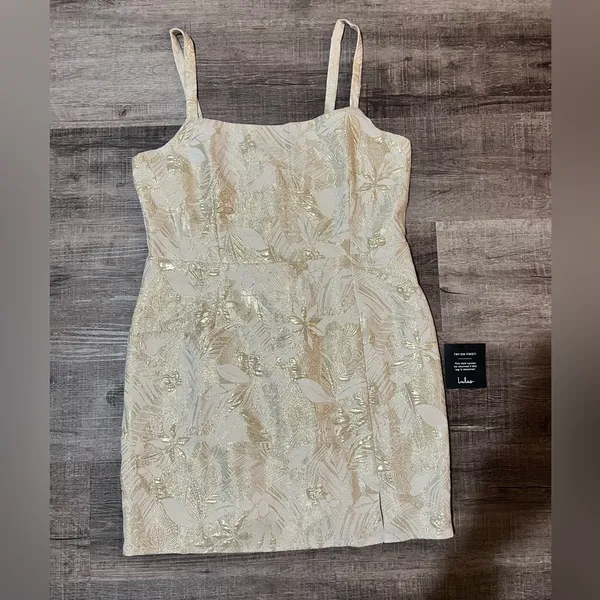 LULUS Shine for Us Cream Metallic Tropical Jacquard Mini Dress - Image 3