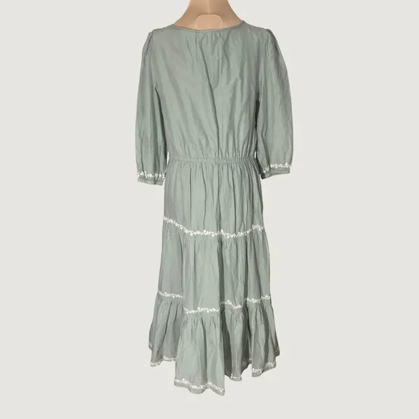 3271 | Lucky Brand Embroidered Tiered Midi Dress Sage Green Cotton Women L - Image 2