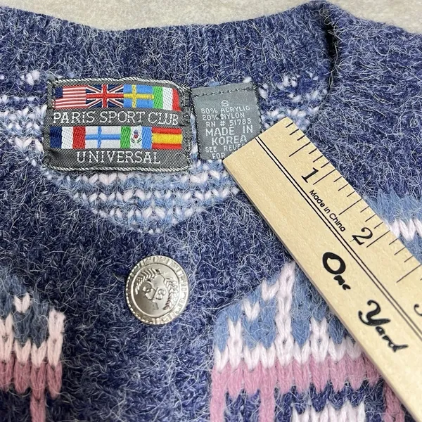 Paris Sport Club Universal Cardigan Womens‎ S Vintage Blue Fair Isle Grandmacore - Image 2