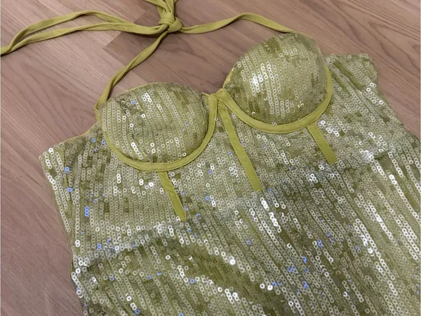 Green Sequin Halter Midi Dress with Side Slit Size XL - Image 5