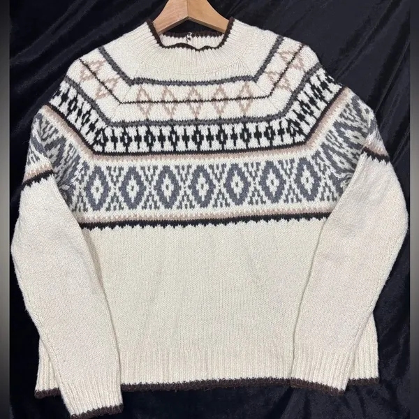 American Eagle Sweater Cream Wool Blend Fair‎ Isle Scandi Nordic Cabincore Large - Image 2