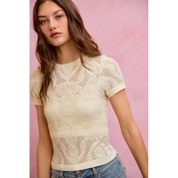 SO ME Floral Perforated Seamless Active Short Sleeve Top - Off White - Large - Image 5