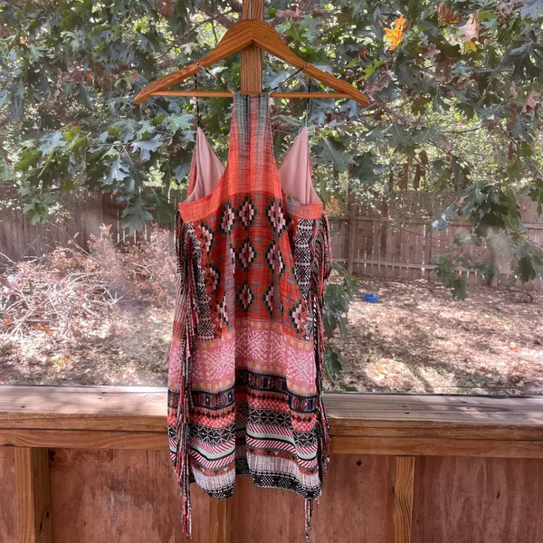 Lavender Brown Orange Aztec Print Fringe Mini Dress Size XS - Image 4