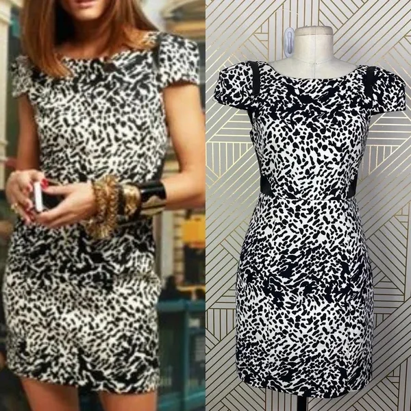 Tibi Animal Print Leather Panel Dress Black Cream Size‎ US 2 - Image 2