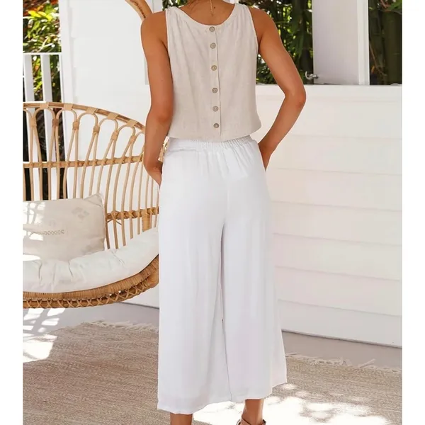 NWT Womens Linen Crop Tank Top Beige Sleeveless Button‎ Back Beach Summer Med - Image 4