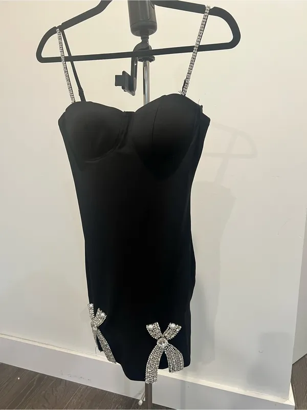 Black Rhinestone Bow Bodycon Mini Dress - Image 3