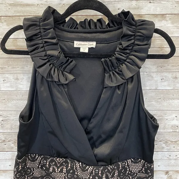 Coldwater Creek Womens‎ 14 Dress Cocktail Black Tan Lace Ruffled Neck Sleeveless - Image 2