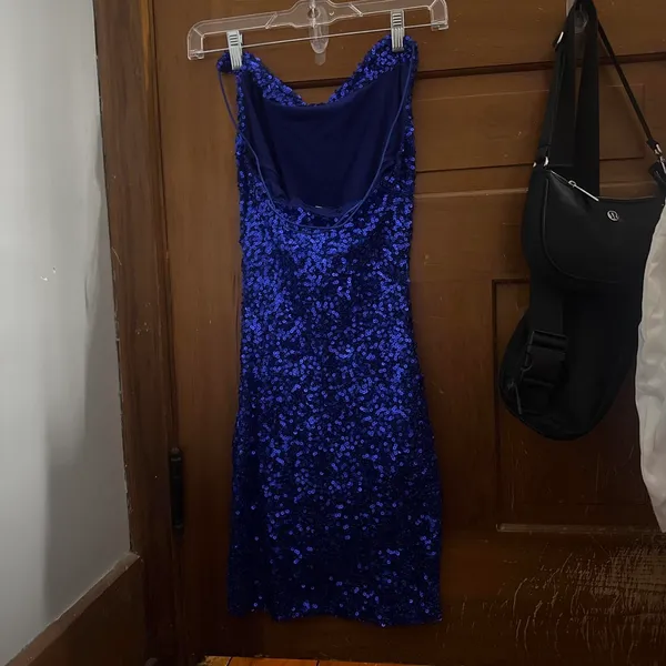Lucy in the Sky blue sequin cowl neck mini dress, has straps that cross in the back, worn once for hoco - Image 2