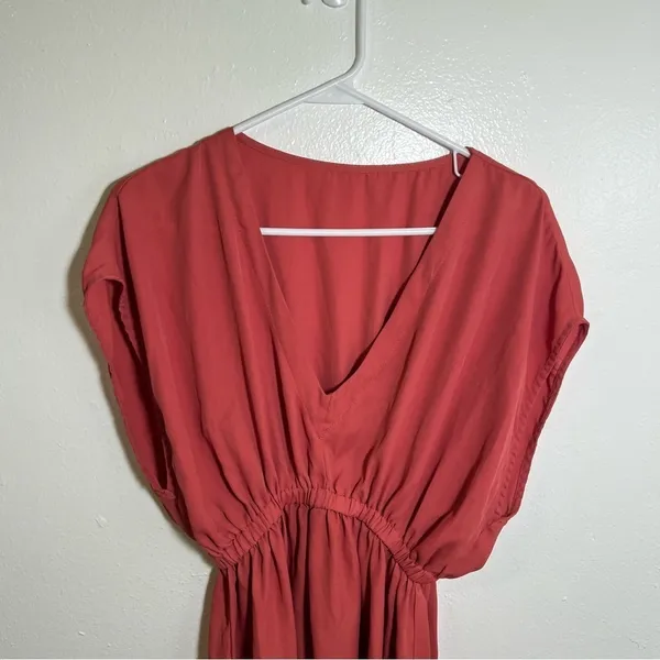 Womens Mini Dress V-Neck Short Dolman Sleeve Pink Red Elastic Waist A-Line Skirt - Image 2