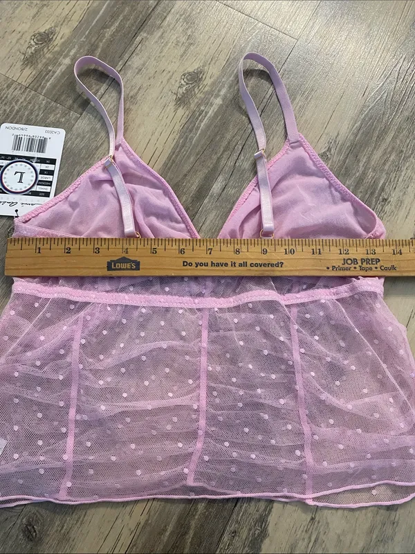 Carrie Amber Sheer Swiss Dot Ruched Bubblegum Pink Cami Shorts Set Size Large - Image 10