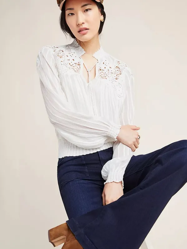 Anthropologie Moira peasant blouse intricate lace smocked cuffs V Neck 0 - Image 3