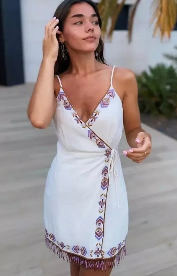 Zara dress mini summer boho embroidered fringe cotton tribal Aztec wrap - Image 6