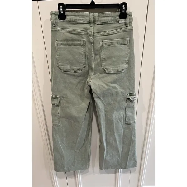 Risen Jeans Sage Green High Rise Wide Leg Cargo Pants Size 7/28 Raw Hem Boho‎ - Image 2
