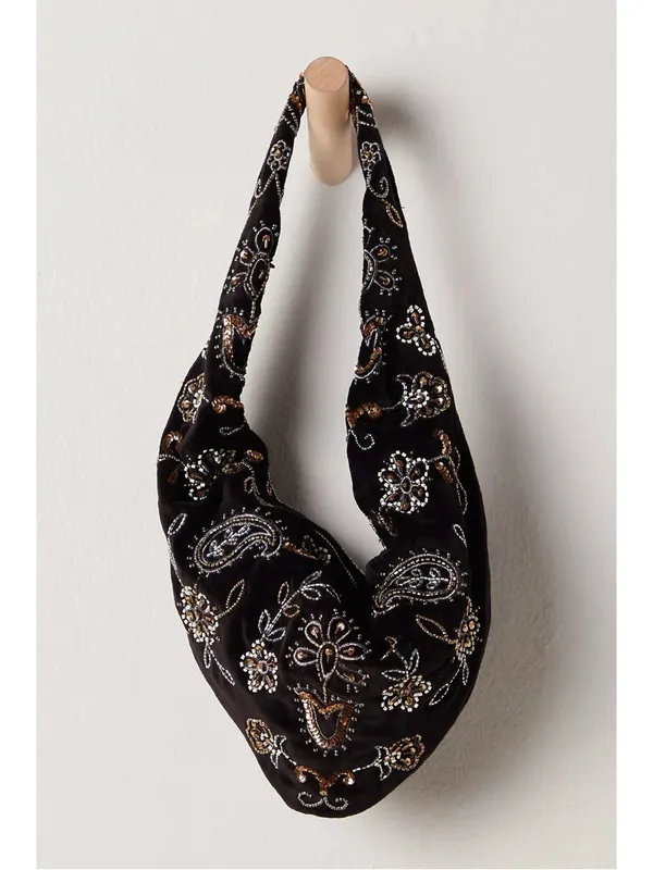 Free People Bohemian Witchy Nashville Nights Beaded Velvet Bag Black NWT Evening - Image 7
