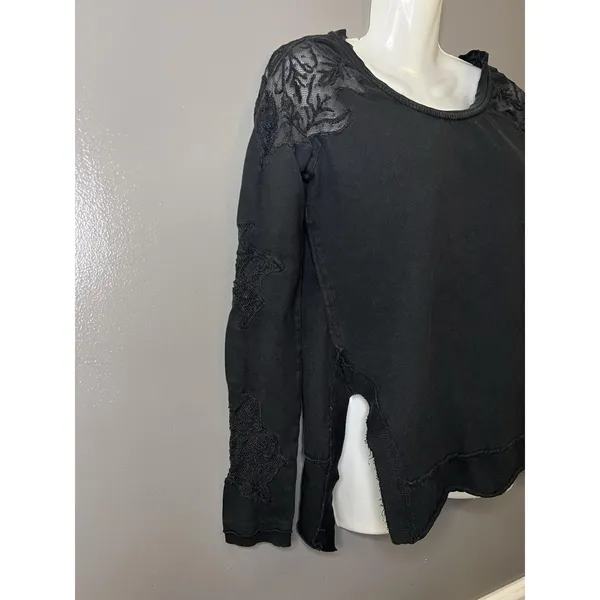 Free People Blouse Womens Small Black Embroidered Scoop Neck Long Sleeve Top - Image 3