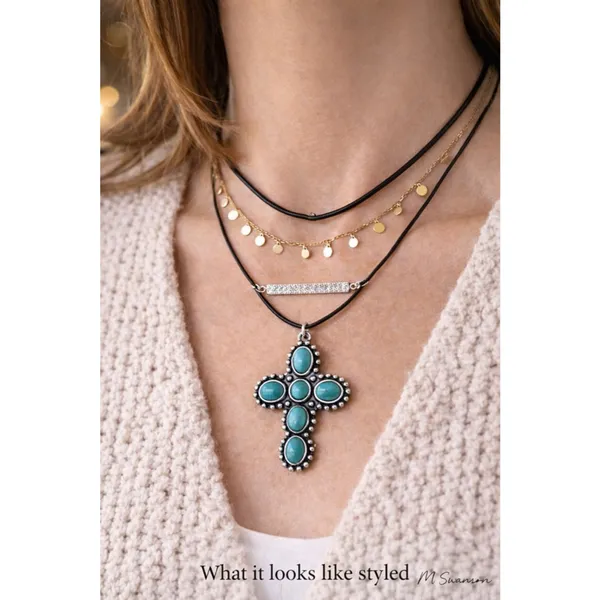 Southwest Turquoise Cross Pendant Necklace Silver Tone Boho Western - Image 4