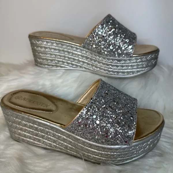 Silver Glitter Platform Shoes with Espadrille Sole - Image 2