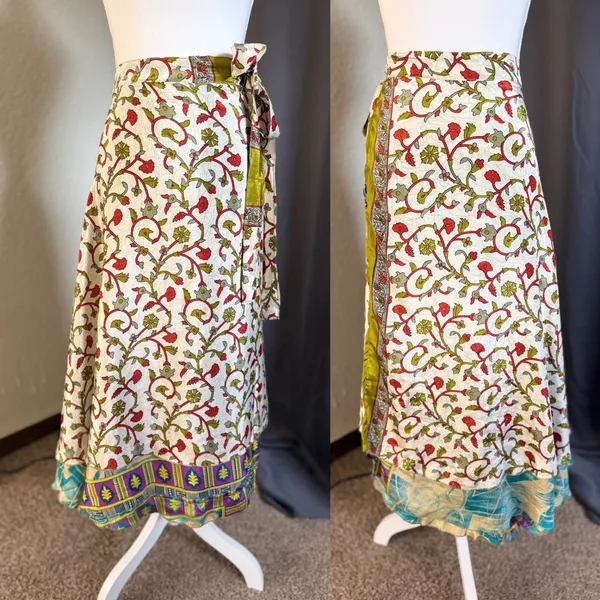 Reversible boho Silk Wrap Skirt Womens OS Turquoise Gold Floral Maxi - Image 6