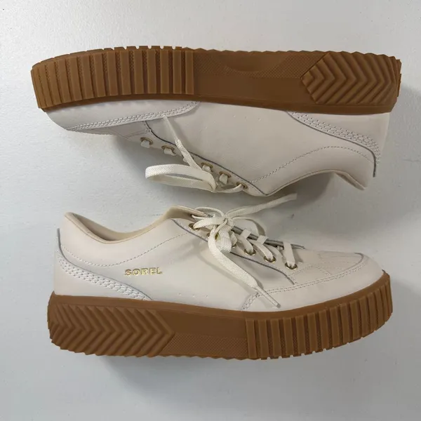 Sorel 10.5 Ona Ave Low Court Sneaker Platform Leather Sporty Chalk Gum Sole Shoe - Image 3