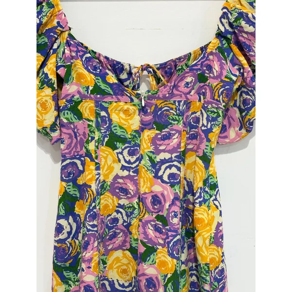 Zara Floral Puff Sleeve Mini Dress Purple Yellow Rose Print Sweetheart Neck XS - Image 6