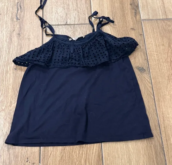 LOFT Navy Eyelet Ruffle Tie-Shoulder Tank Top XS - Image 3