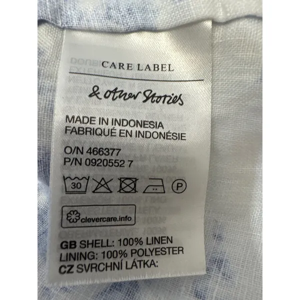 & Other Stories Blue White Floral Toile Linen Puff Sleeve Midi Dress Size 6 - Image 9