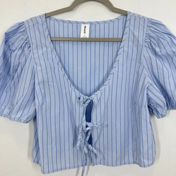 Abound Blue Striped Puff Sleeve Square Neck Tie Front Crop‎ Top Womens L - Image 7