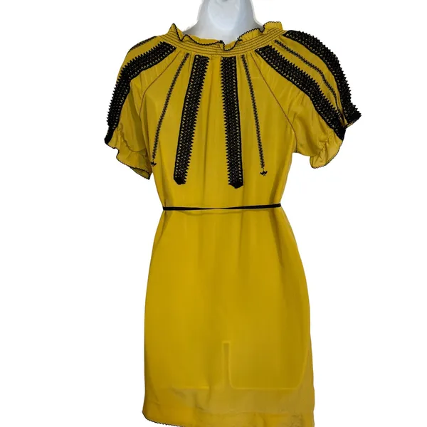 ANTHROPOLOGIE‎ FLOREAT Inky Quills Mustard Yellow Embroidered Silk Mini Dress 0 - Image 6