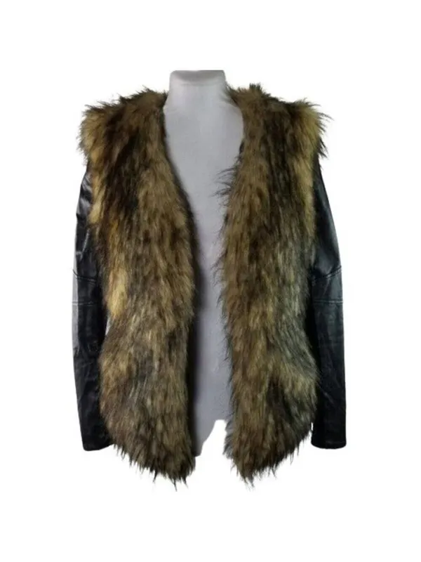 Bardot Womens Faux Fur Leather Long Sleeves Jacket Coat Black Tan Size 6 - Image 2