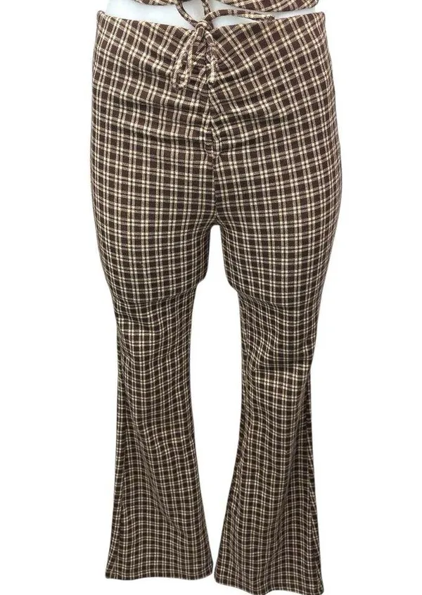 Princess Polly Brown Plaid Checkered Halter Crop Top & Bell Bottom Pants Set 0 - Image 4