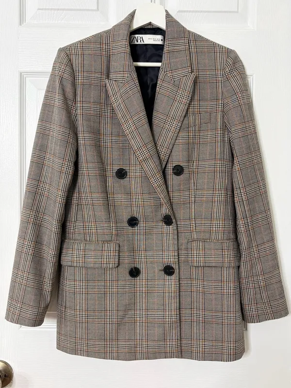 ZARA Gray Plaid Double Breasted Blazer Size XS Minimalist Academia Preppy Chic - Image 2