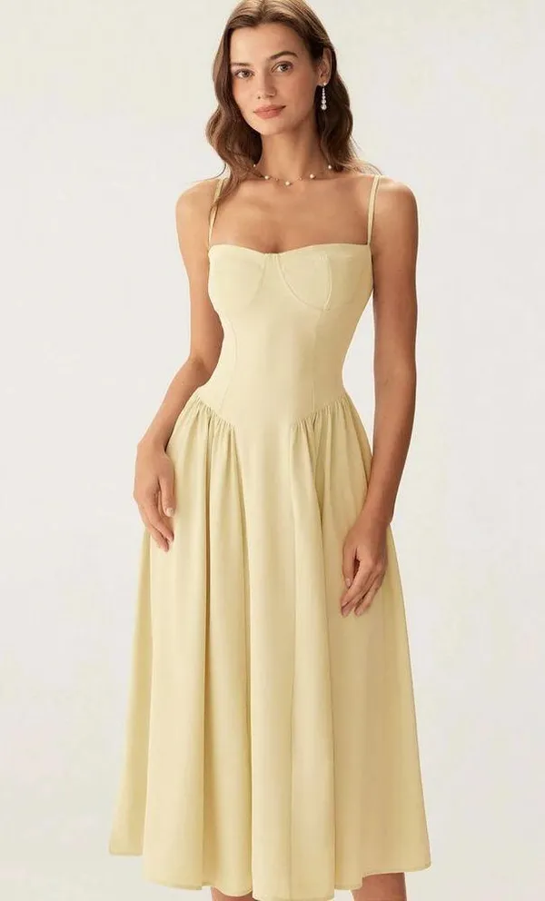 Rihoas Yellow Square Neck Pocket Slip Midi Dress - Image 3